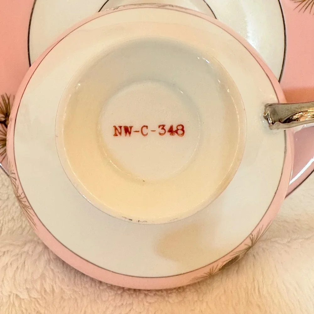 Unbranded Vintage Tea Cup and Saucer Set Pink Excellent Pine Cone Silver Trim